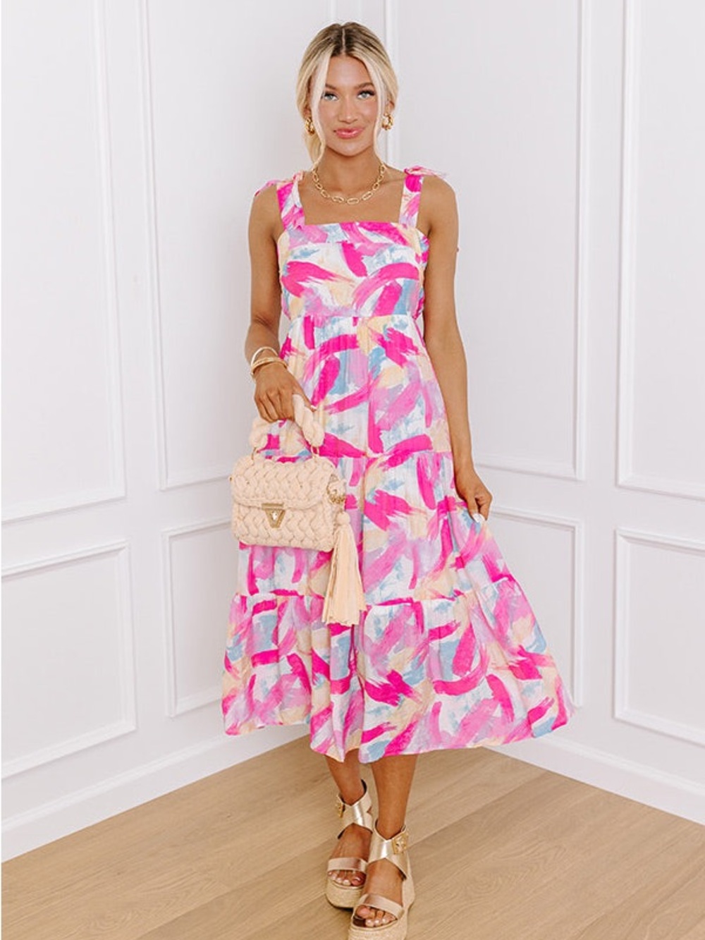 Blu Pepper Colorful Brushstroke Tie-Shoulder Maxi Dress